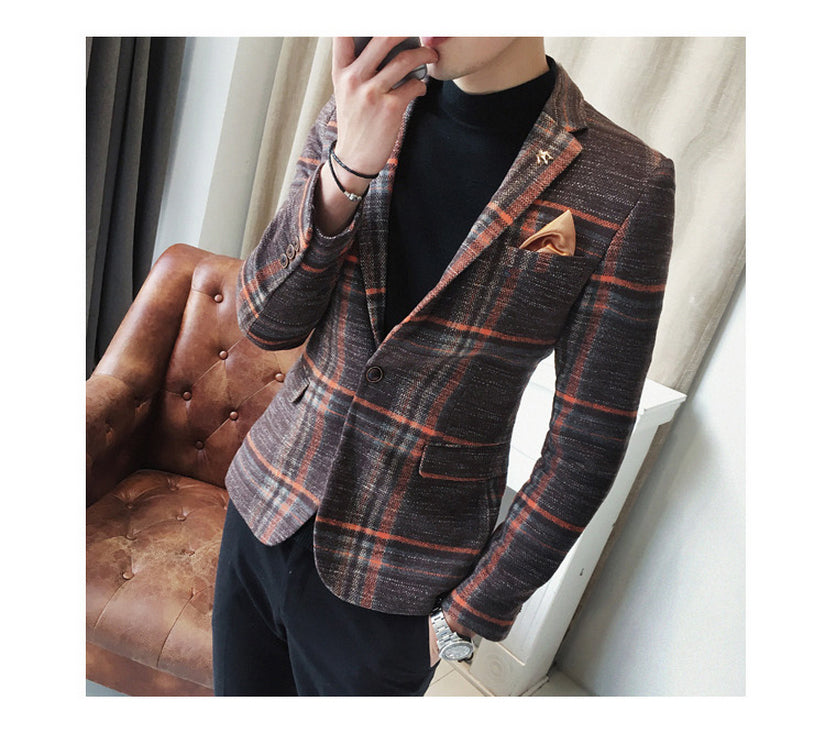 Vintage Plaid Wool Blend Men Slim Fit Smart Casual Blazer
