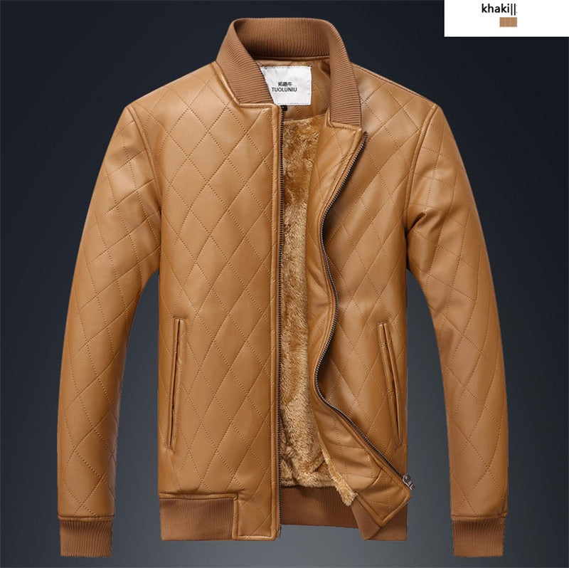 Solid Warm Fleece Plaid Stand Collar Men PU Leather Jacket