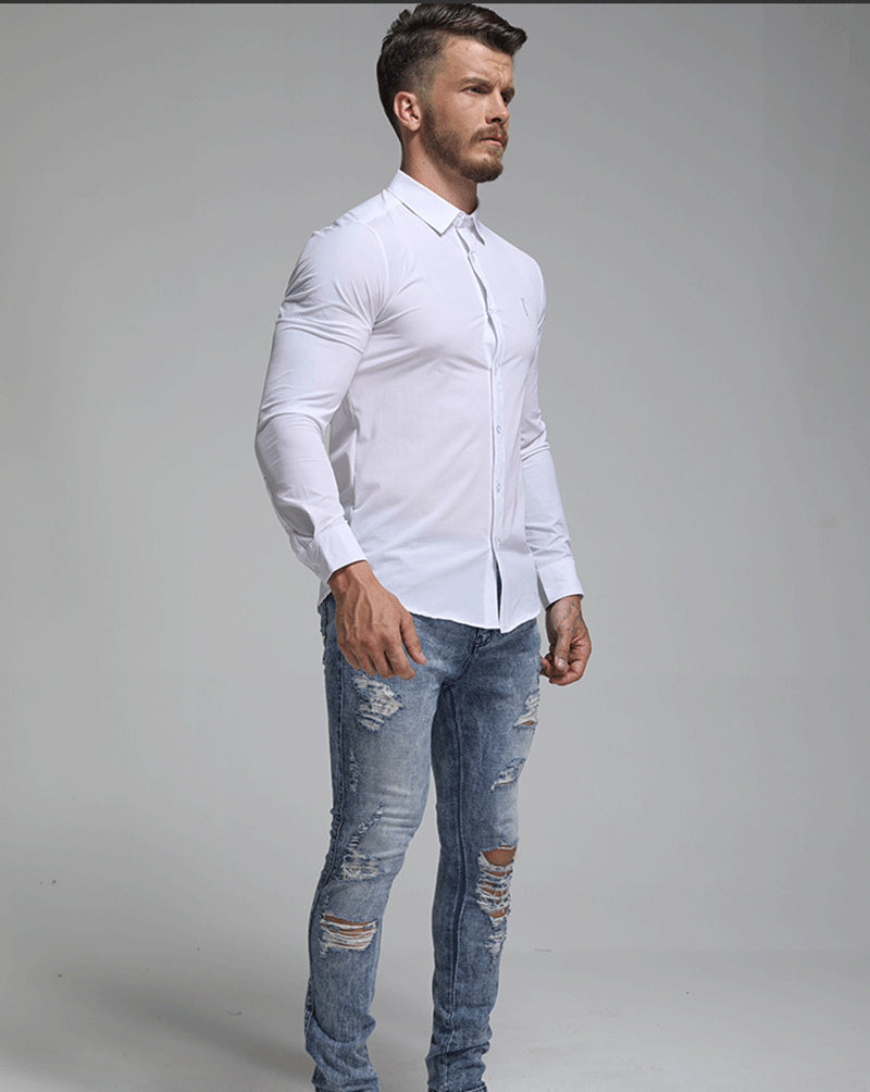 Chemise à manches longues coupe ajustée pour hommes de couleur unie de style italien