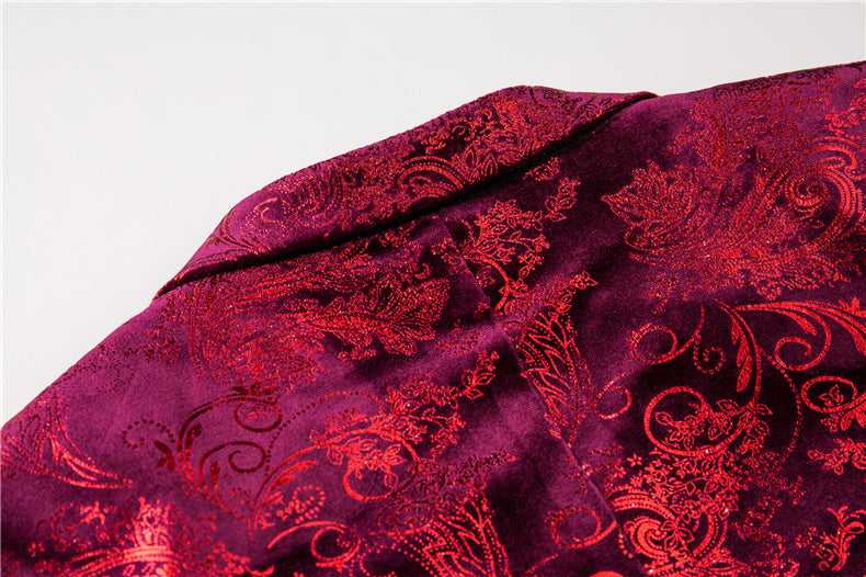 Baroque Pattern Men Slim Fit Burgundy Velvet Blazer - FanFreakz