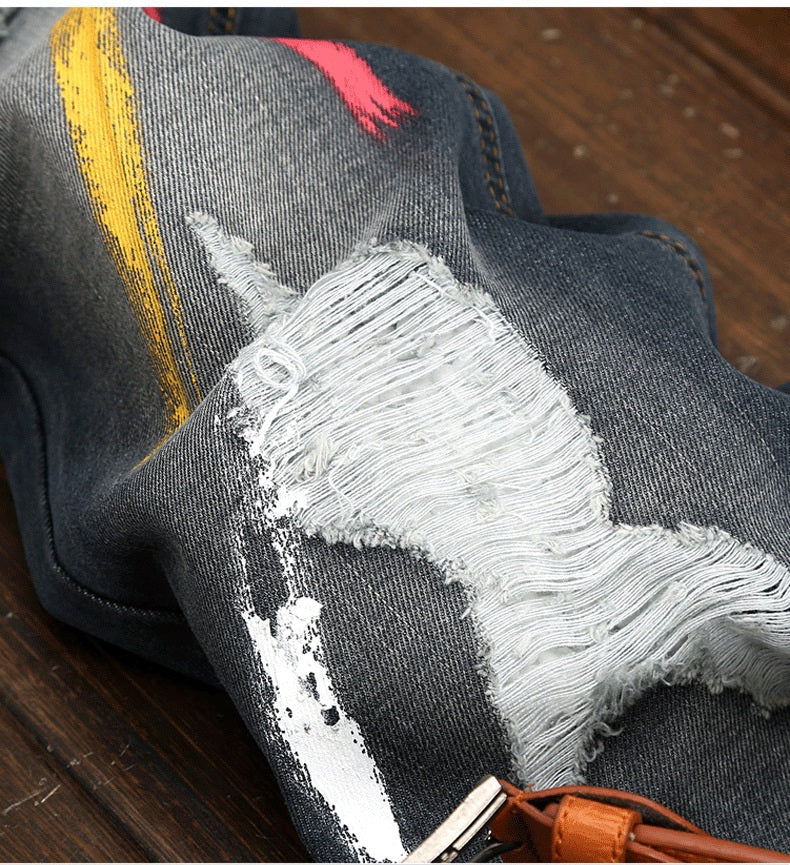 Ripped Jeans with Paint Details Men Straight Cut Jeans - FanFreakz