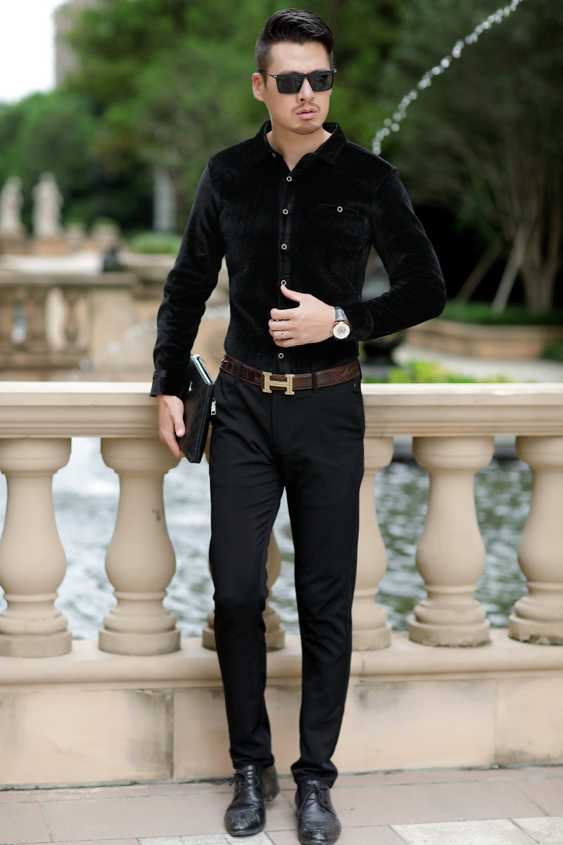 Camisa semiformal de manga larga para hombre con detalles peludos