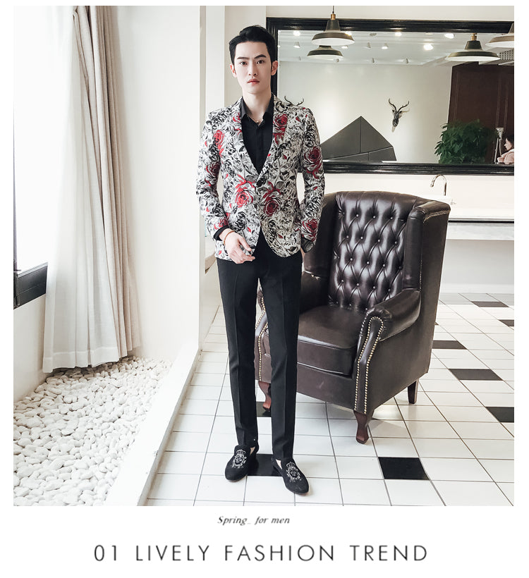 Rose in Contrast Print Blazer Slim Fit en velours pour homme