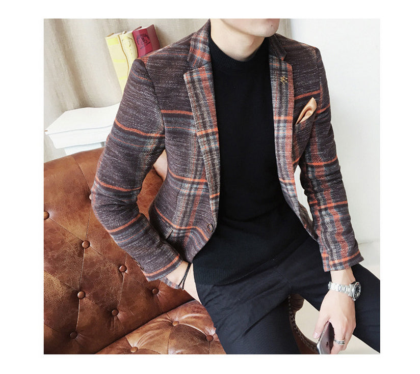Vintage Plaid Wool Blend Men Slim Fit Smart Casual Blazer