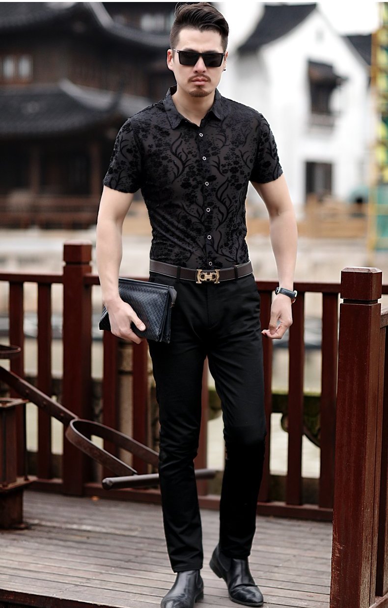 Small Floral Pattern Slim Fit Thin Semi See Through Men Shirt - FanFreakz