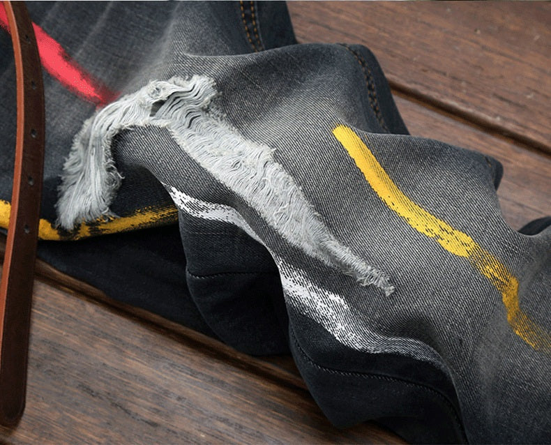 Ripped Jeans with Paint Details Men Straight Cut Jeans - FanFreakz
