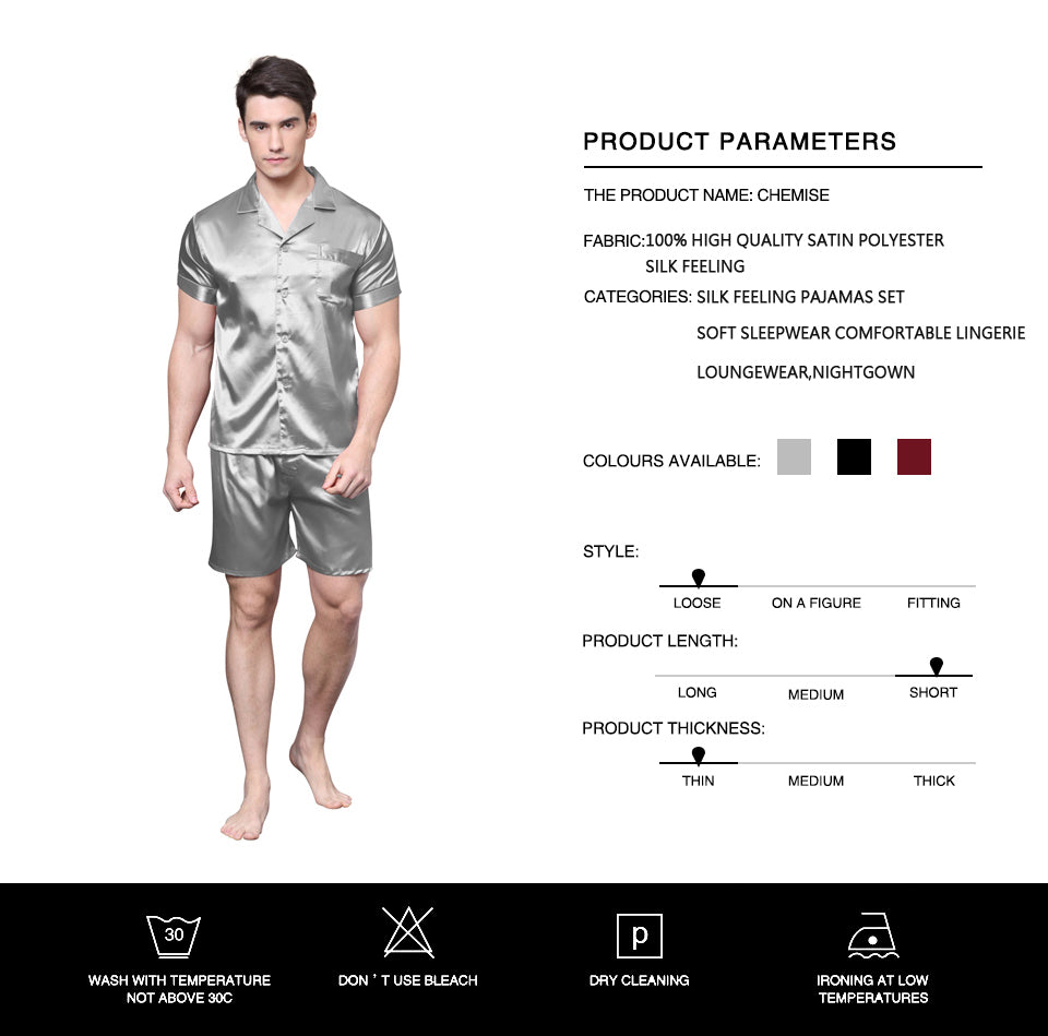 Solid Color Fit Men Satin Silk Pajama Sets Short Sleeves Shirt and Pants