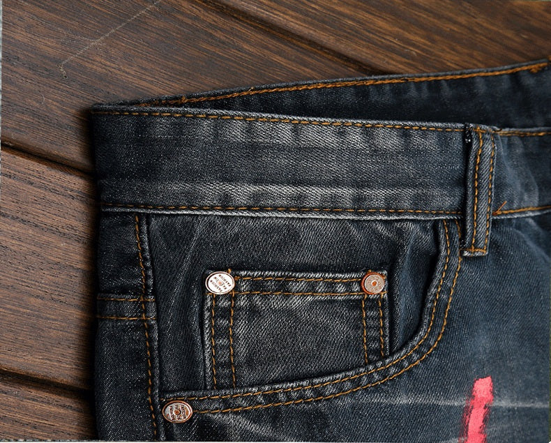 Ripped Jeans with Paint Details Men Straight Cut Jeans - FanFreakz