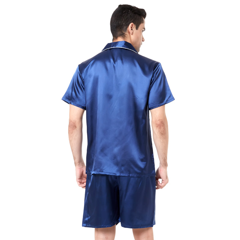 Solid Color Fit Men Satin Silk Pajama Sets Short Sleeves Shirt and Pants