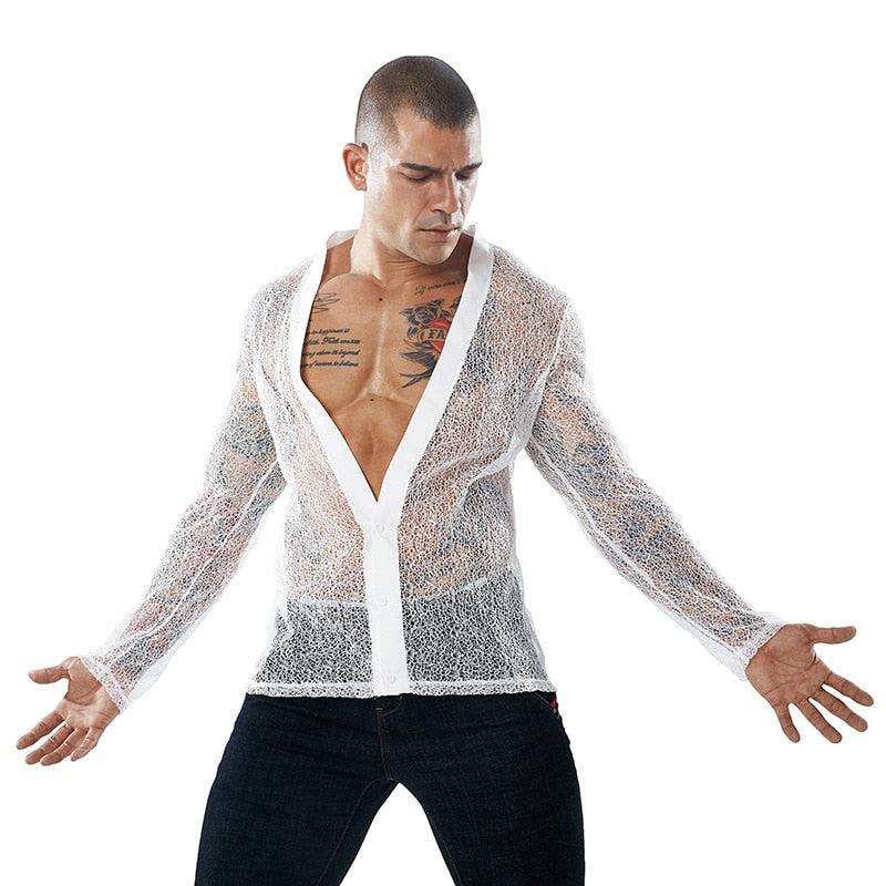Button Down V Neck See-through Design Men Shirts - FanFreakz