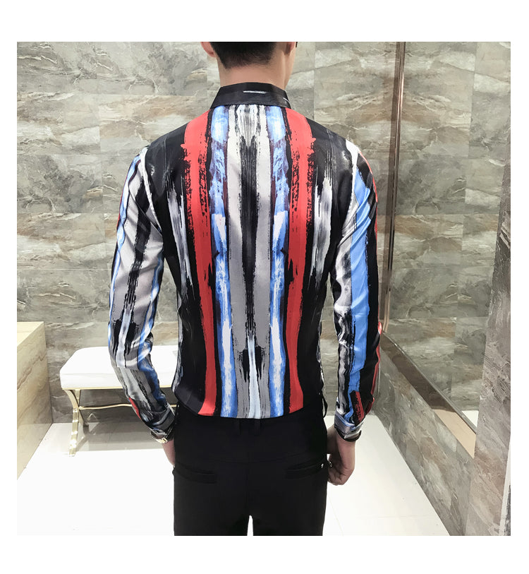 Brushed Stroke Stripe Print Multicolor Men Slim Fit Long Sleeves Shirt - FanFreakz