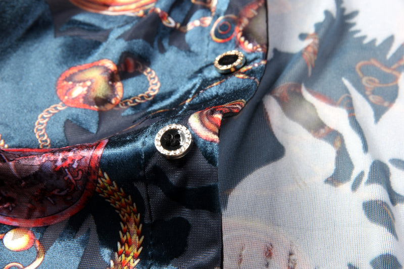 Gold Keychain and Floral Print Euro Style Men Velvet Long Sleeves Shirt