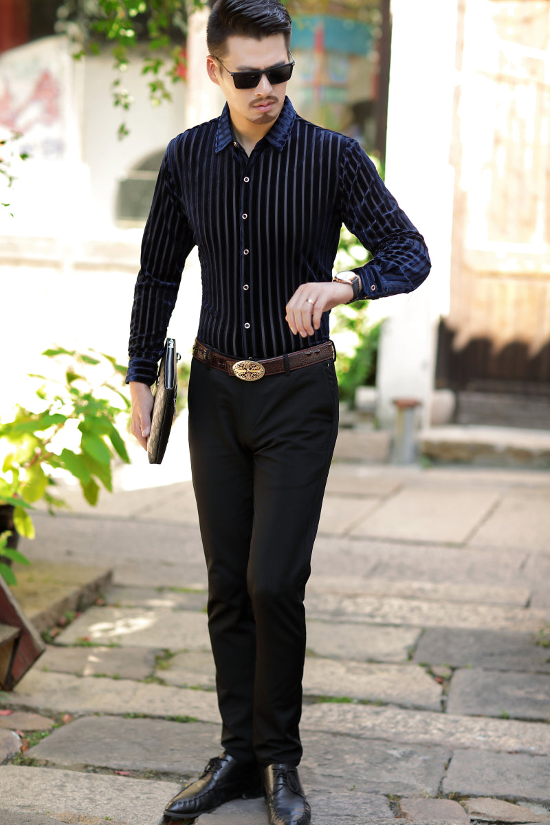 Elegant Stripe Men Business Style Velvet Slim Shirt - FanFreakz