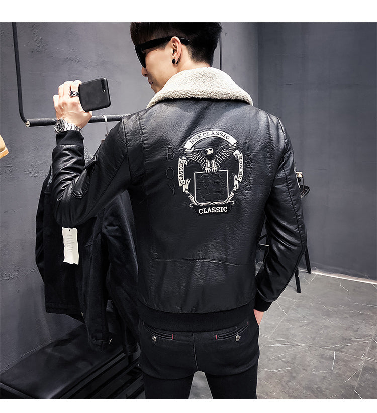 Winter Black Leather with Detachable Wool Collar Combination Men Jackets
