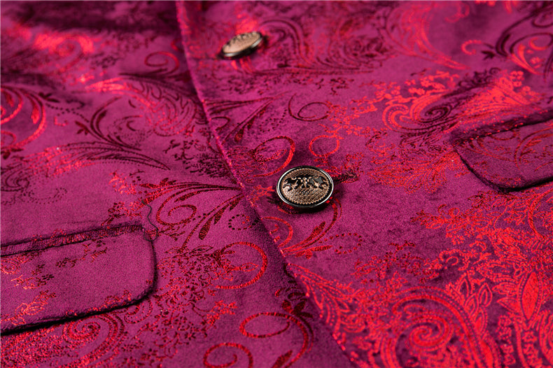 Baroque Pattern Men Slim Fit Burgundy Velvet Blazer - FanFreakz
