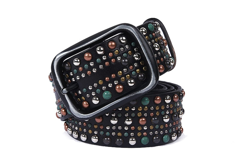 Geometric Pattern Beads Stitch Men Leather Belt