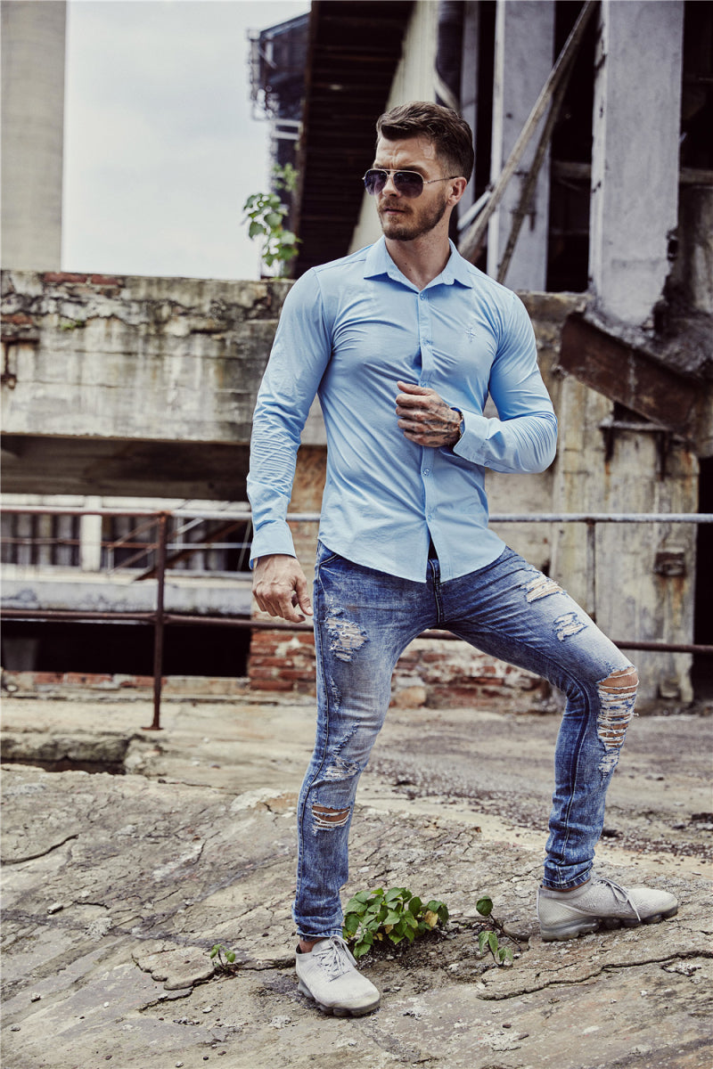 Chemise à manches longues coupe ajustée pour hommes de couleur unie de style italien