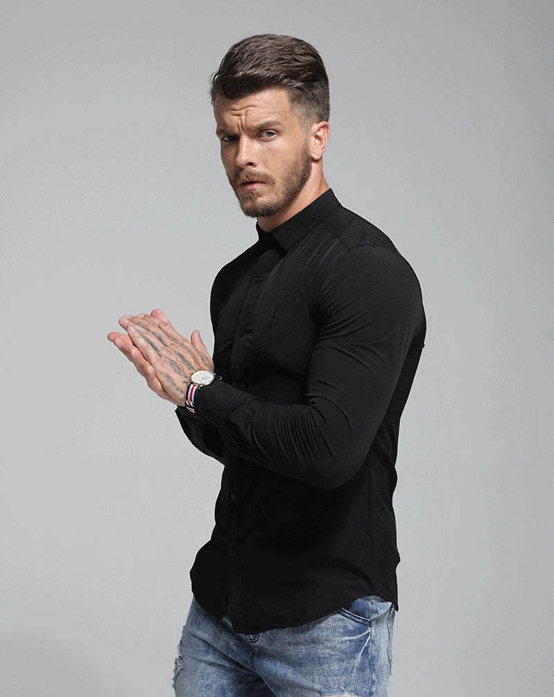 Chemise à manches longues coupe ajustée pour hommes de couleur unie de style italien