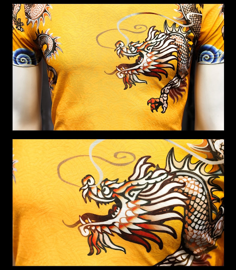 Casual Set Yellow Chinese Style with Dragon Printing Men T Shirt and Pants Set - FanFreakz