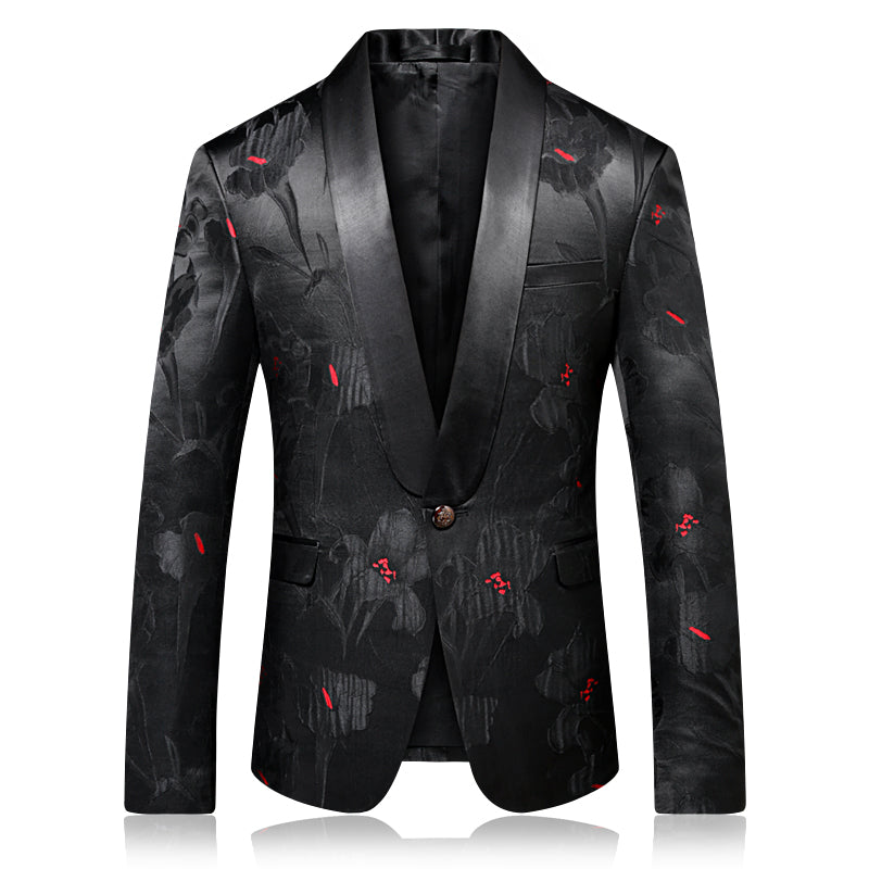 Dark Floral Red Pollen Lapel Men Shawl Lapel Blazer - FanFreakz