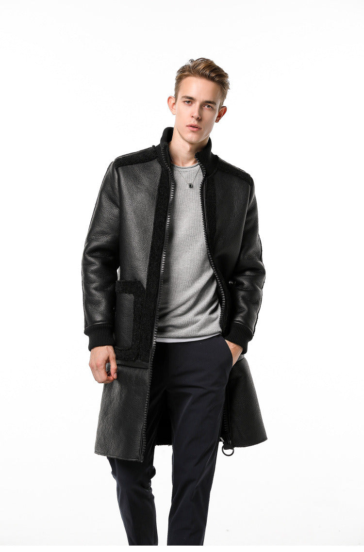 Classy Black Wool and Leather Combination Men Long Jacket with Embossed Detail Backside - FanFreakz