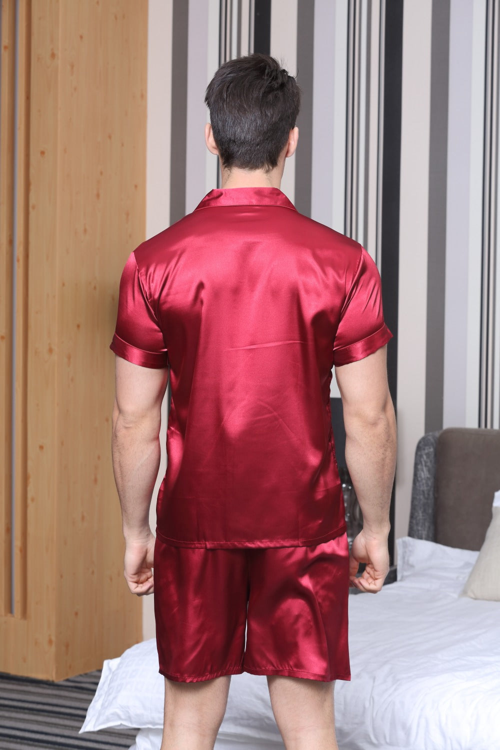 Solid Color Fit Men Satin Silk Pajama Sets Short Sleeves Shirt and Pants