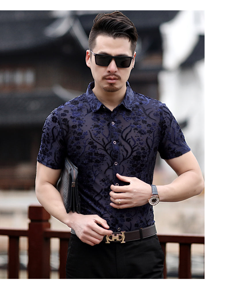 Small Floral Pattern Slim Fit Thin Semi See Through Men Shirt - FanFreakz