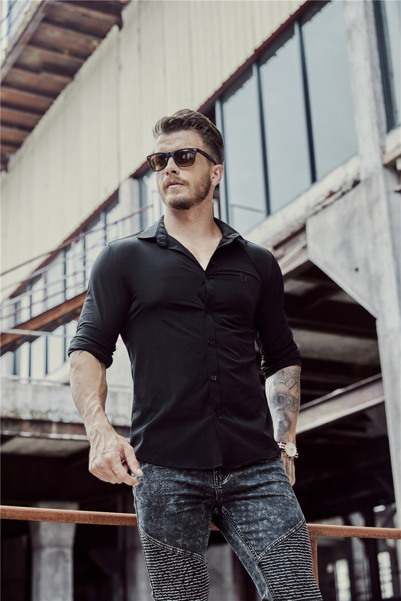 Chemise à manches longues coupe ajustée pour hommes de couleur unie de style italien