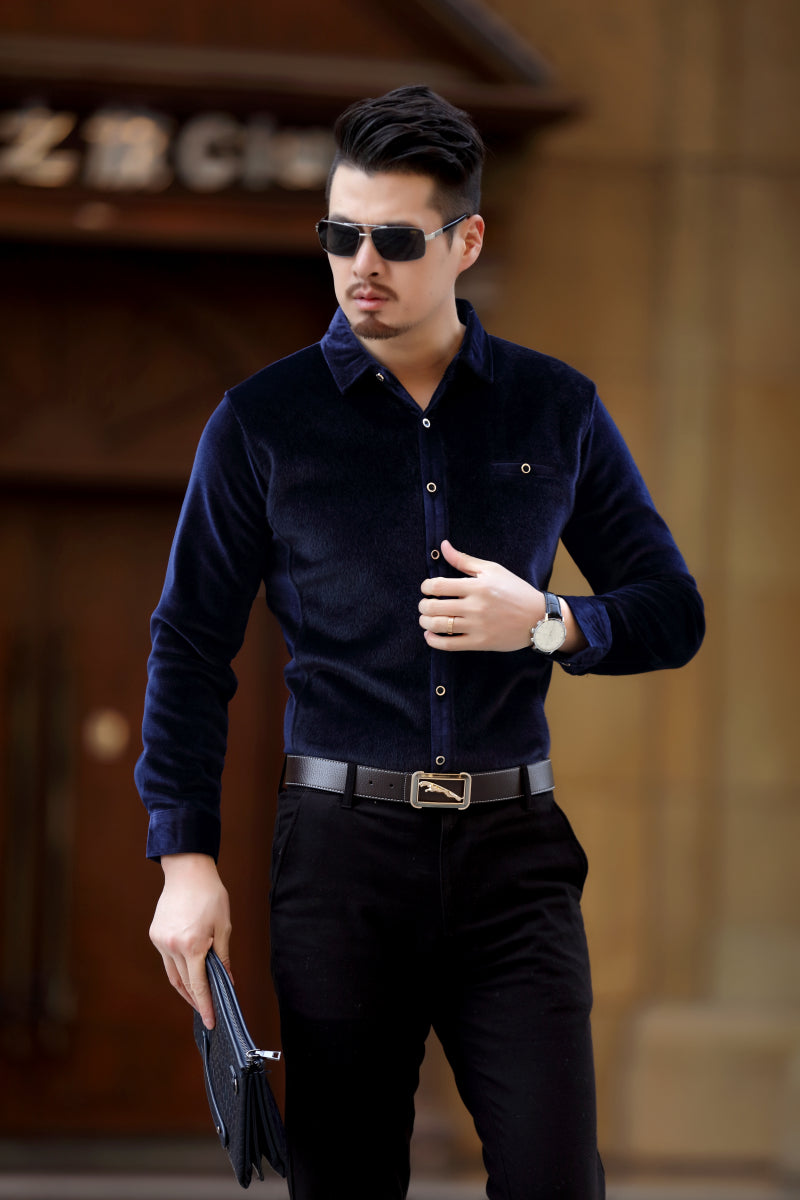 Camisa semiformal de manga larga para hombre con detalles peludos