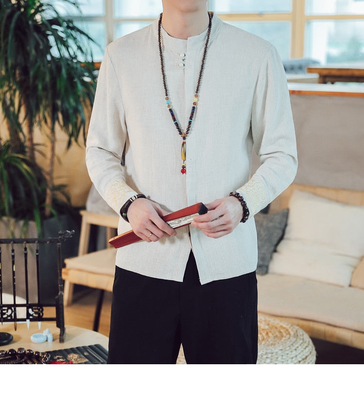 Style Kung Fu traditionnel en lin avec chemise à manches longues pour homme brodée au poignet simple