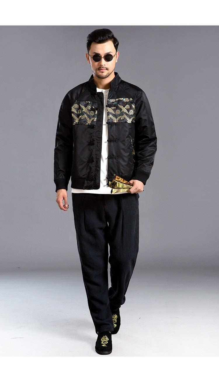 New Mandarin Embroidered Pattern with Chinese Button Men Jacket