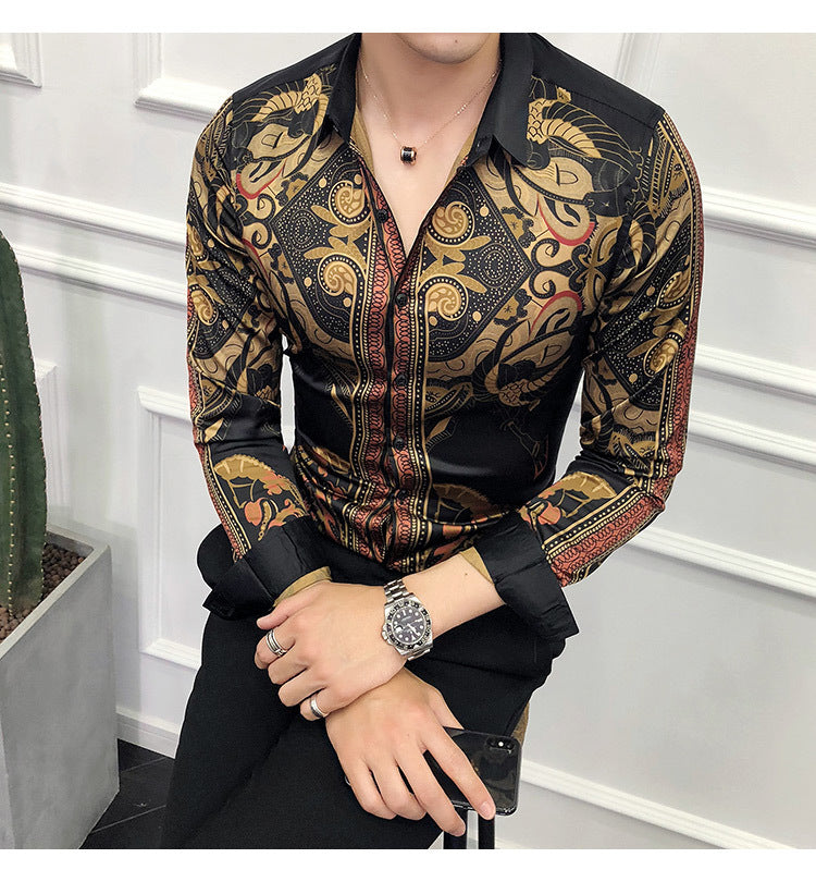 Camisa de hombre con estampado de arte dorado lujoso vintage