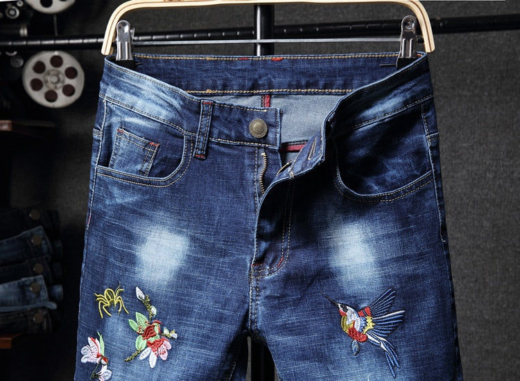 Oiseau Simple Broderie Bleu Denim Hommes Jeans