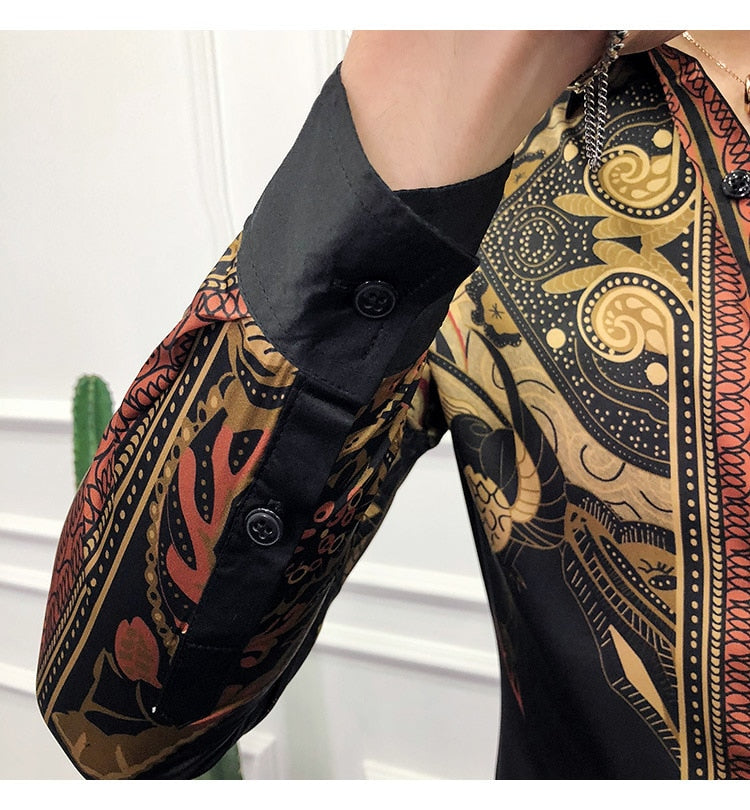 Camisa de hombre con estampado de arte dorado lujoso vintage