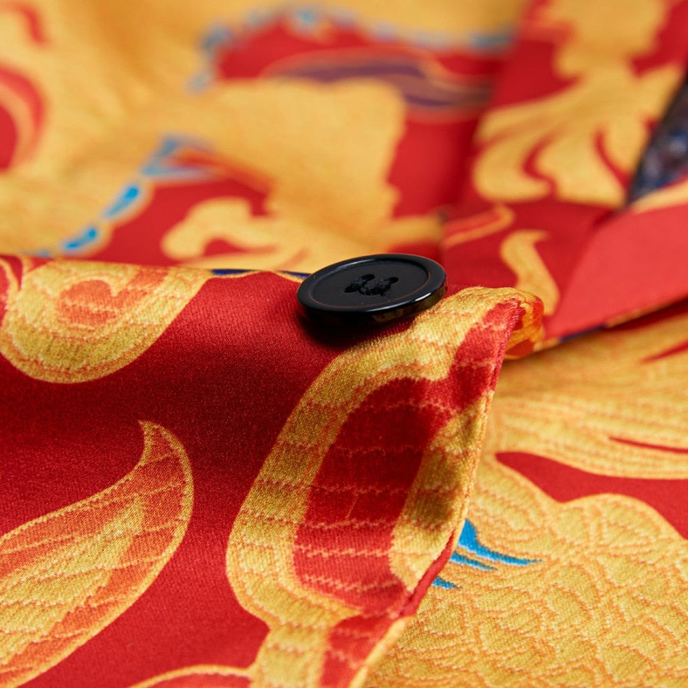 Chinese Red Gold Dragon Casual Design Men Stage Blazer - FanFreakz