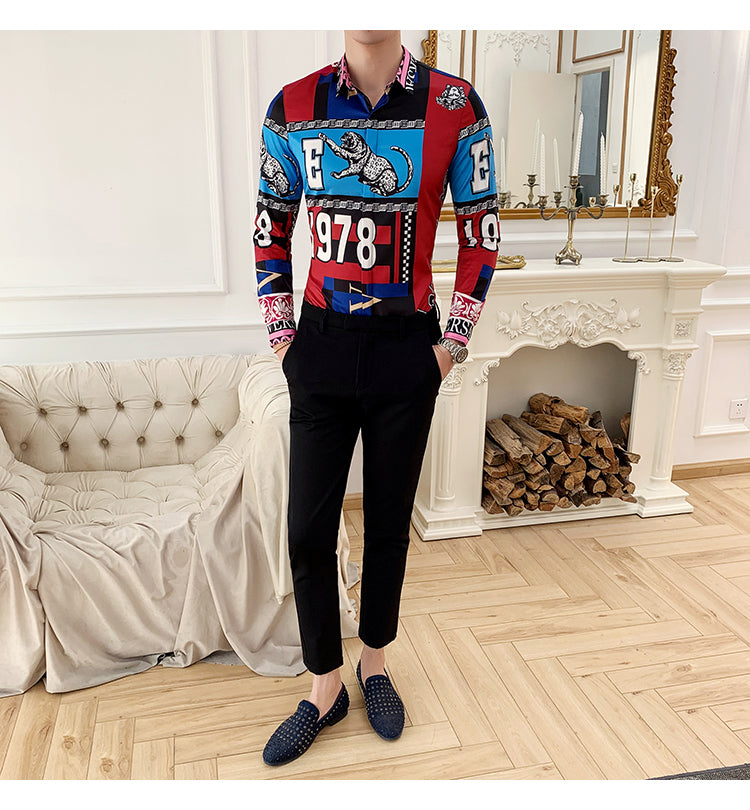 Tigre et Monogramme Imprimé Manches Longues Style Hommes Chemise Slim Fit