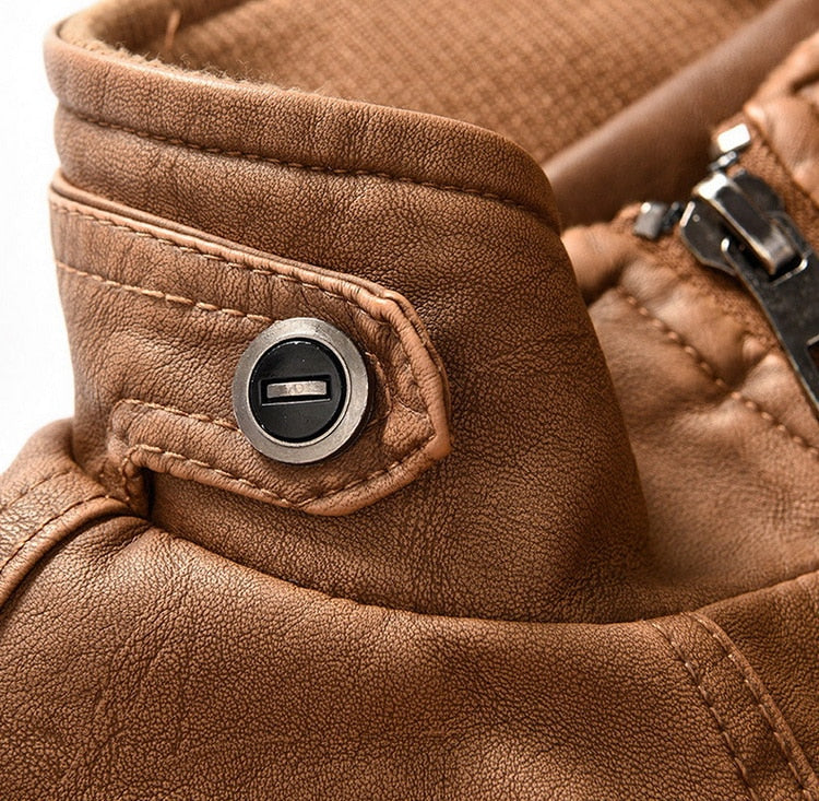 Solid Stand Collar with Faux Fur Lining Biker Style Men PU Leather Jacket