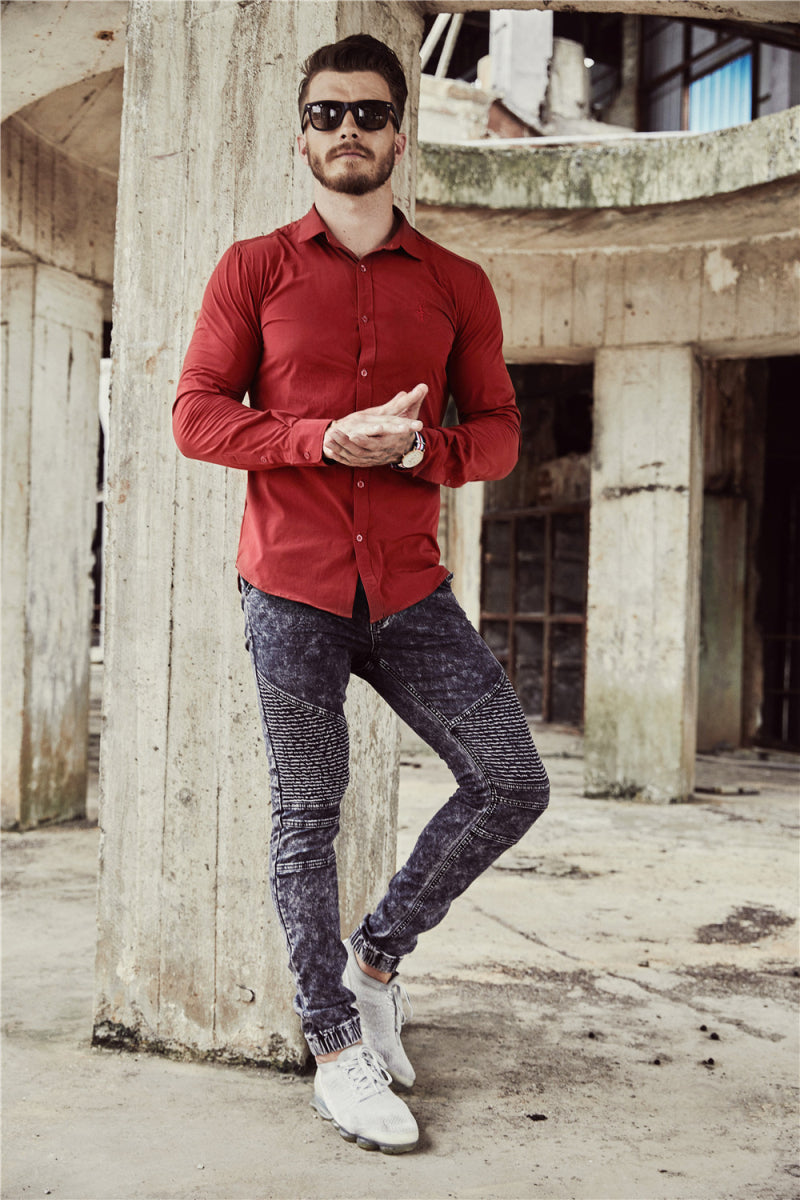 Chemise à manches longues coupe ajustée pour hommes de couleur unie de style italien