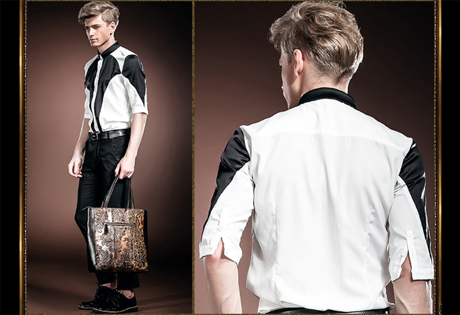Black & White Patchwork Contrast Men Slim Korean Style Mid-Sleeve Shirt - FanFreakz