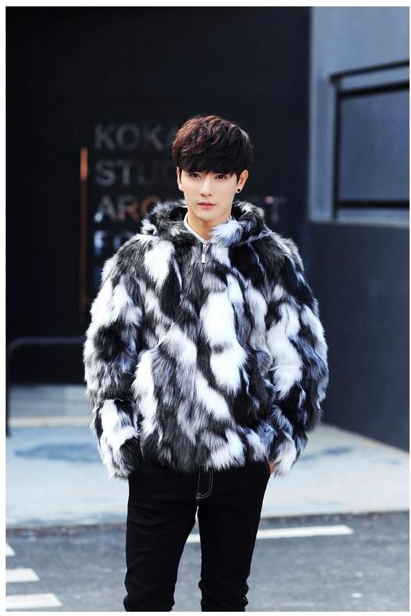Black and White Fur Luxurious Men Jacket with Hoody - FanFreakz