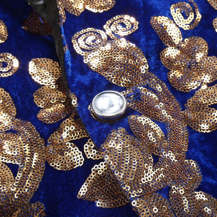 Electric Blue with Gold Sequins Shawl Lapel Men Velvet Slim Fit Blazer - FanFreakz