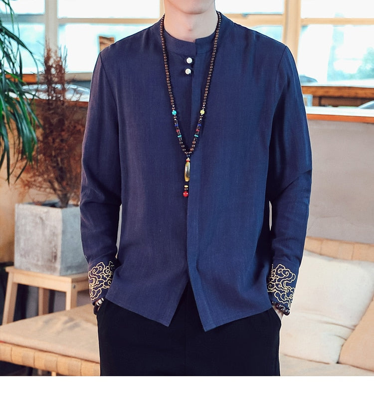 Style Kung Fu traditionnel en lin avec chemise à manches longues pour homme brodée au poignet simple