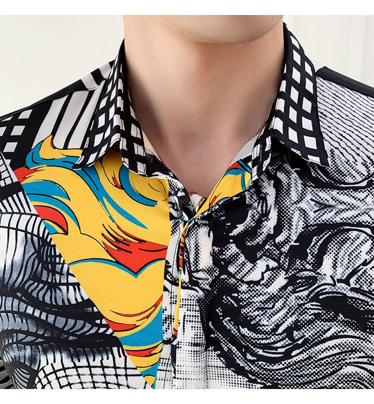 Man Face Printing Colour Splice Design Men Shirt