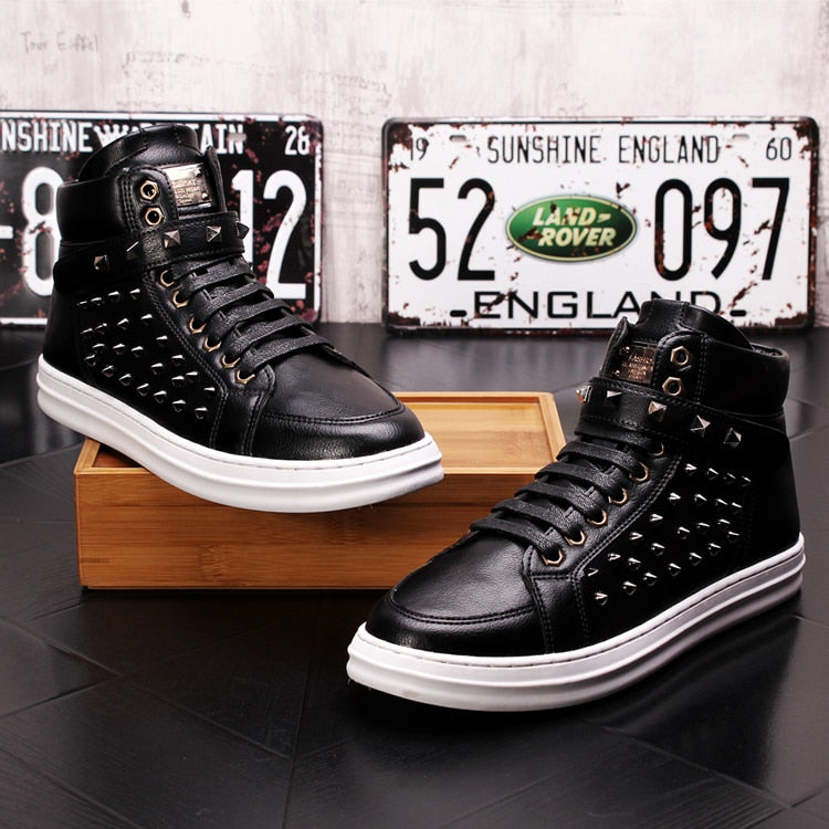 Black and White Casual Rivets Lace Up Men High Top Sneaker - FanFreakz