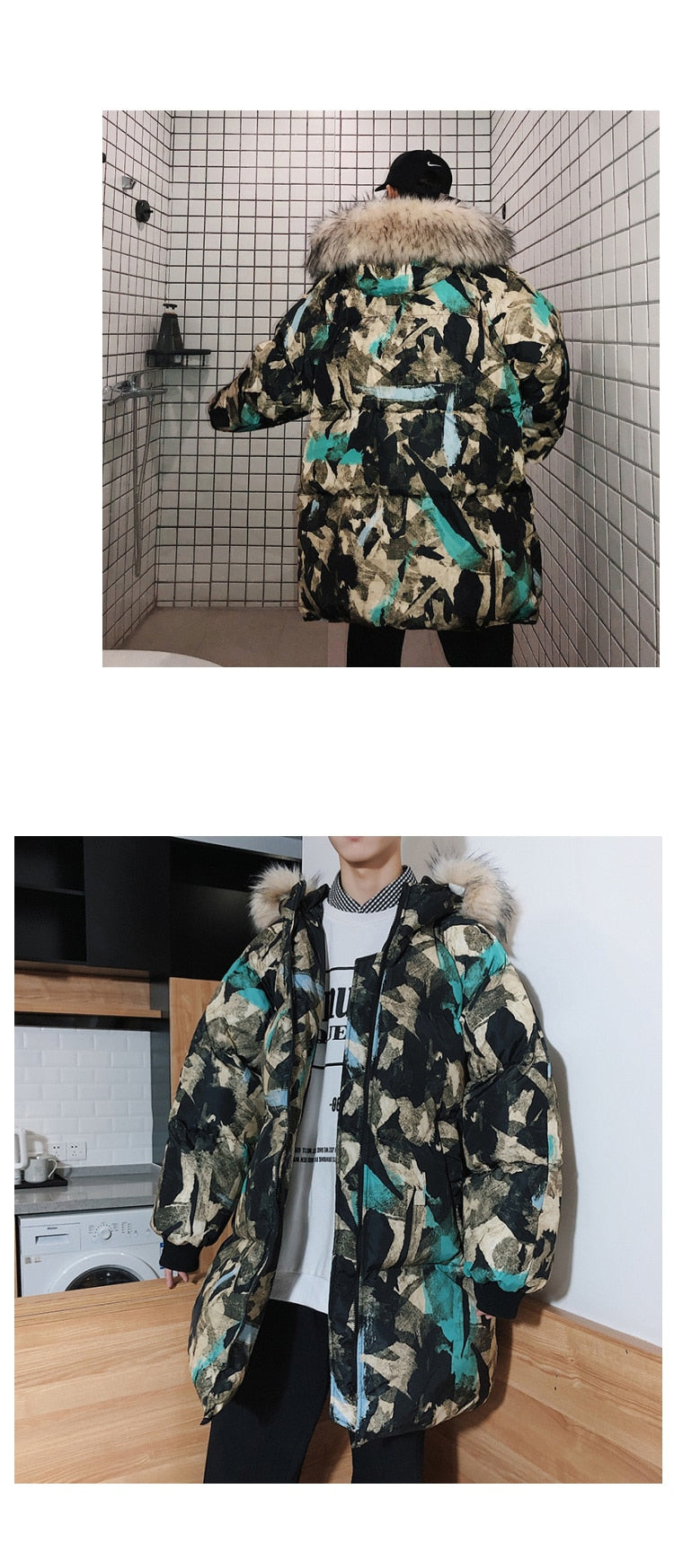 Fur Hoodie Abstract Printed Streetwear Style Men Warm Jacket
