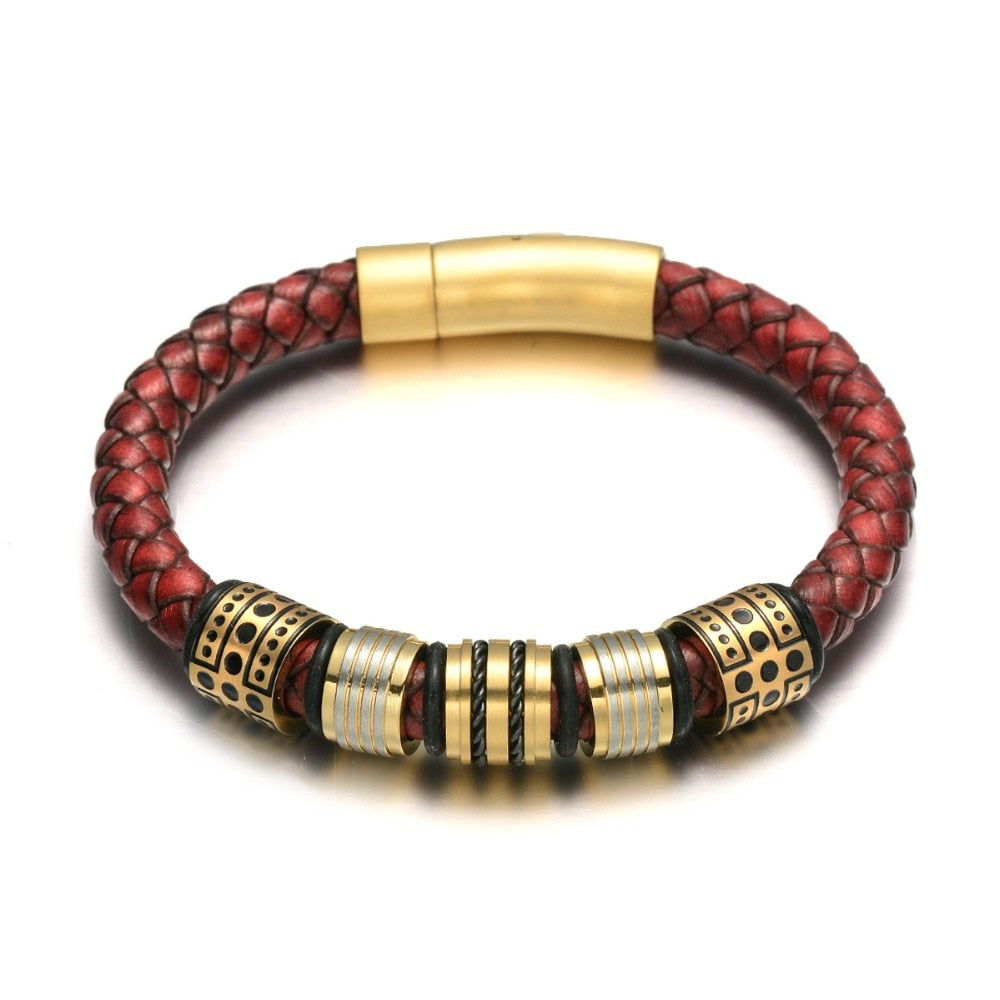 Bracelet homme en cuir pleine fleur tressé marron rouge avec perles en acier inoxydable