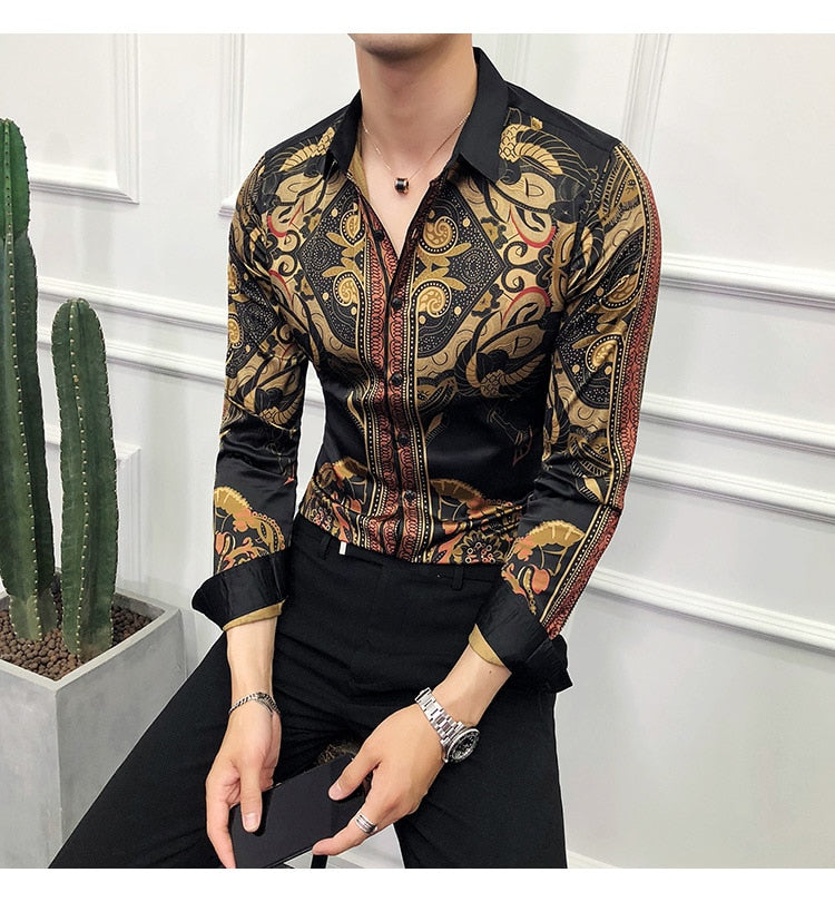 Camisa de hombre con estampado de arte dorado lujoso vintage