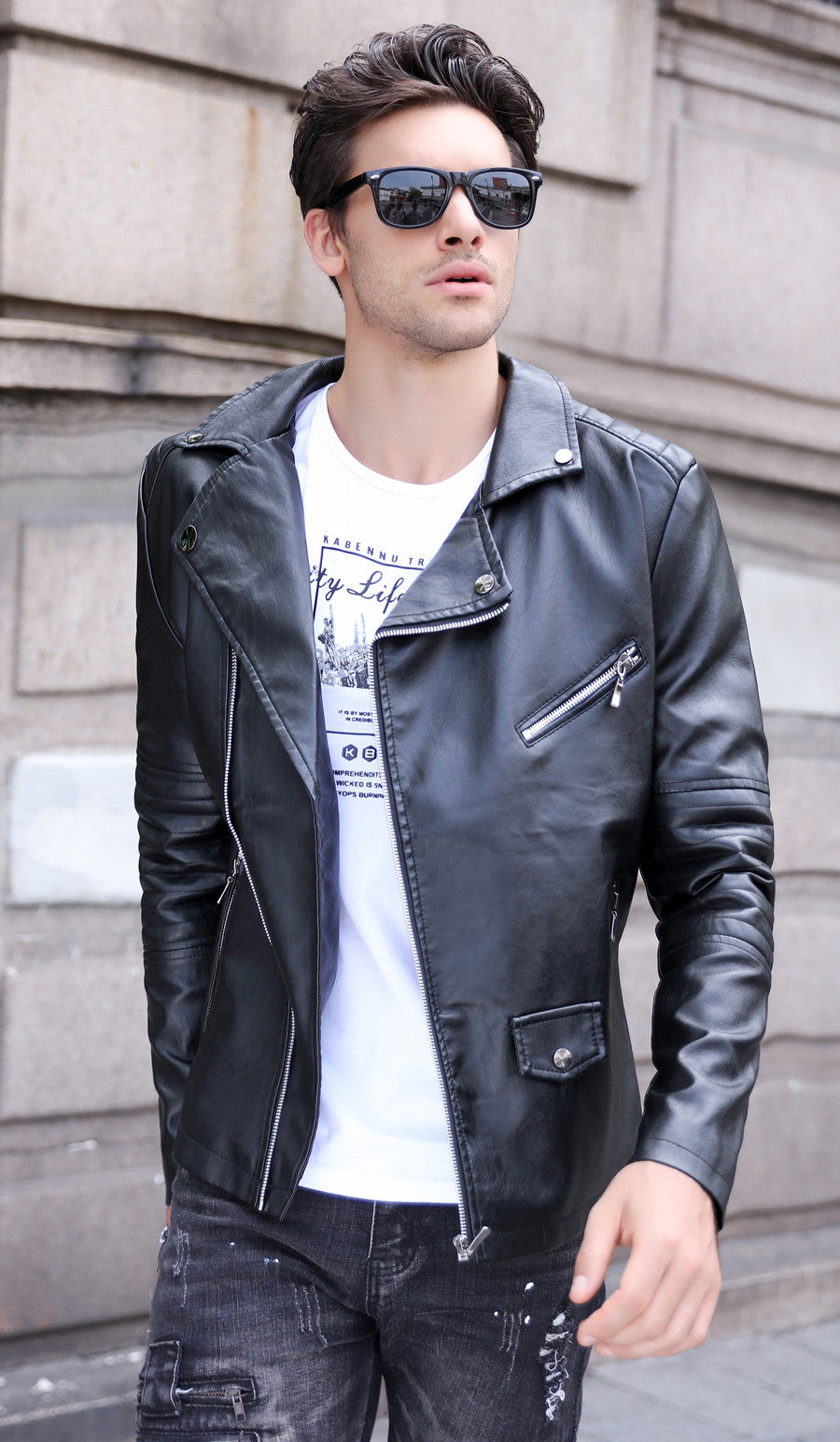 Chaqueta ajustada de cuero PU estilo motocicleta para hombre