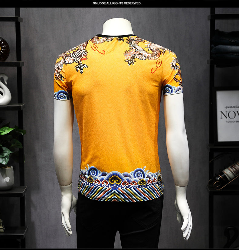 Casual Set Yellow Chinese Style with Dragon Printing Men T Shirt and Pants Set - FanFreakz