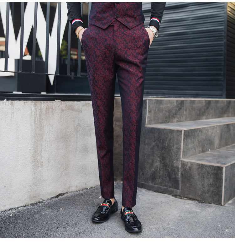 Contrast Black Collar Wine Red Patterned Men Slim Fit Suit Set with Vest and Trouser - FanFreakz
